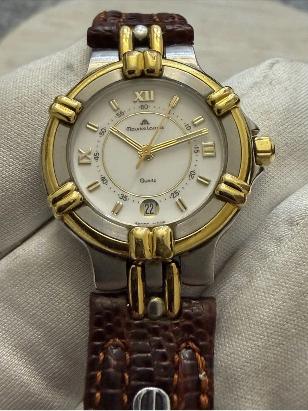 Maurice Lacroix Calypso 75344 Ladies Vintage Swiss Watch Two Tone Date Leather